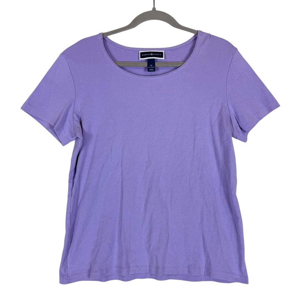 Karen Scott Shirt Womens Medium Purple Scoop Neck Short Sleeve 100% Cotton